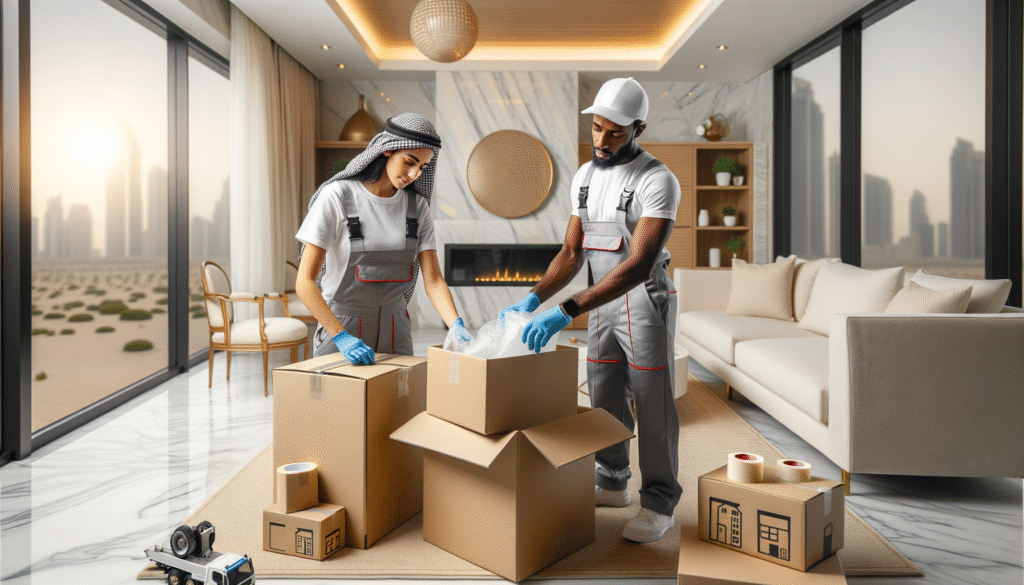 Infographic-style professional photo showing movers packing and labeling boxes carefully in a modern Abu Dhabi villa interior, illustrating stress-free villa moving tips.