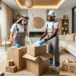 Infographic-style professional photo showing movers packing and labeling boxes carefully in a modern Abu Dhabi villa interior, illustrating stress-free villa moving tips.
